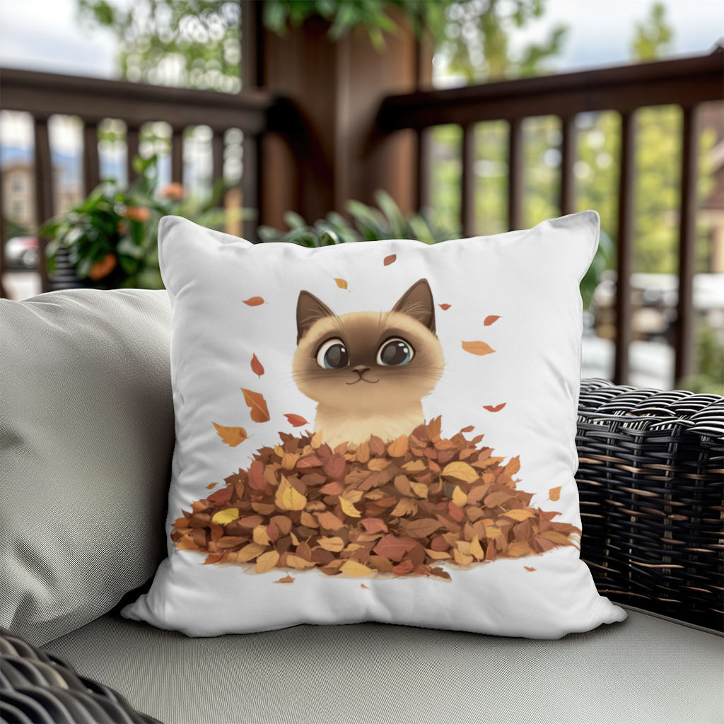 Siamese Cat in Autumn Leaf Pile Decorative pillow cover