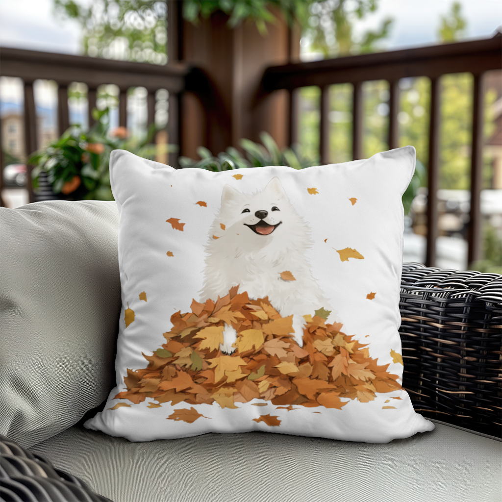 Happy White Dog in Autumn Leaves Decorative pillow cover