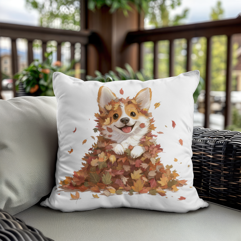 Happy Corgi Puppy in Fall Leaves 