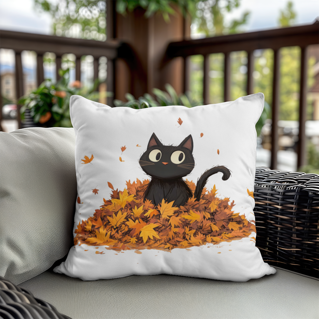 Cute Black Cat in Autumn Leaves 