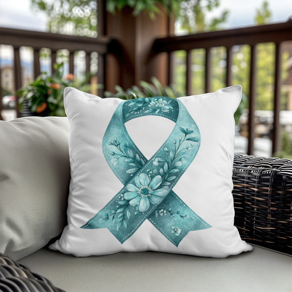 Turkuaz Çiçekli Farkındalık Kurdelesi Dekoratif Kırlent Kılıfı