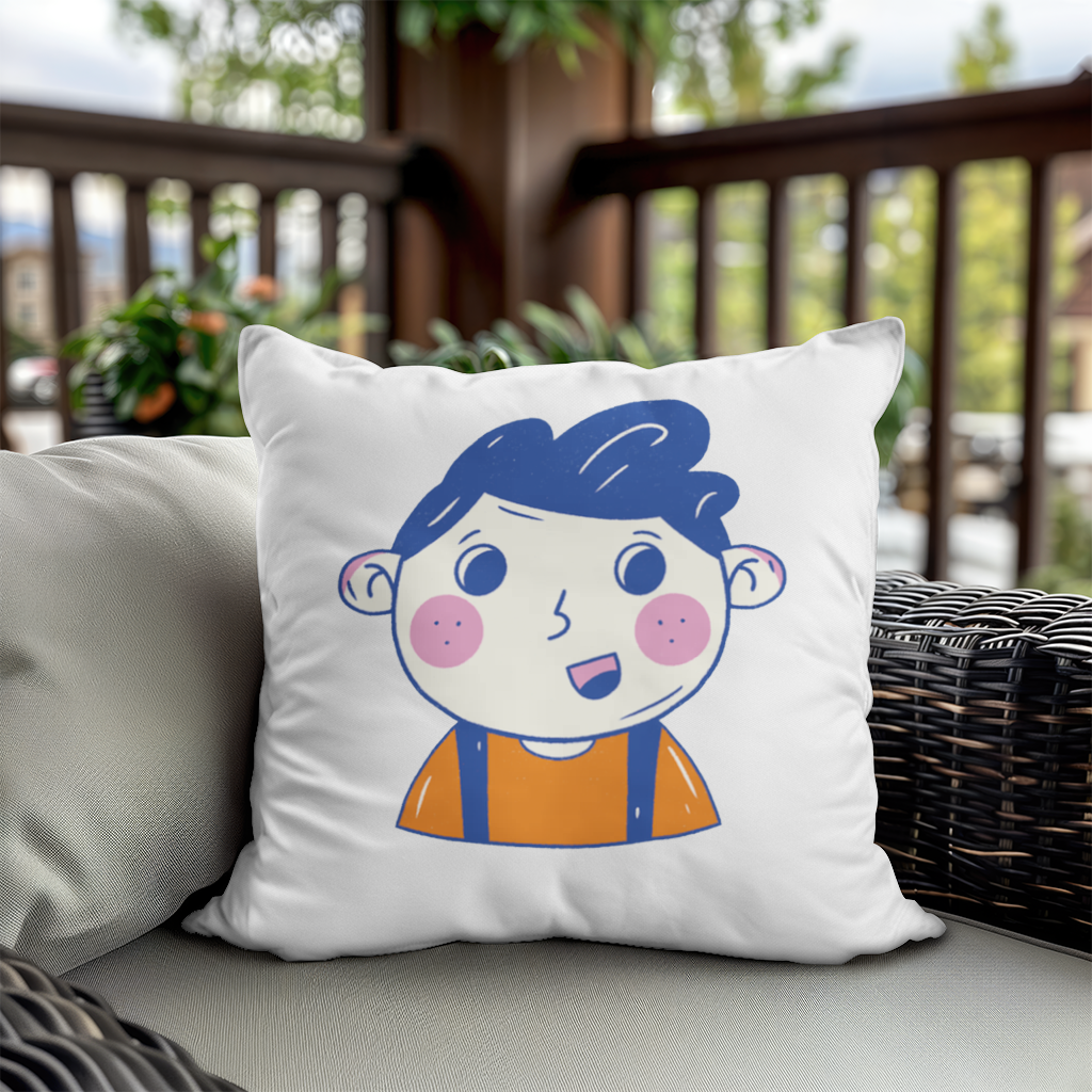 Sevimli Mavi Saçlı Gülen Çocuk Dekoratif Kırlent Kılıfı