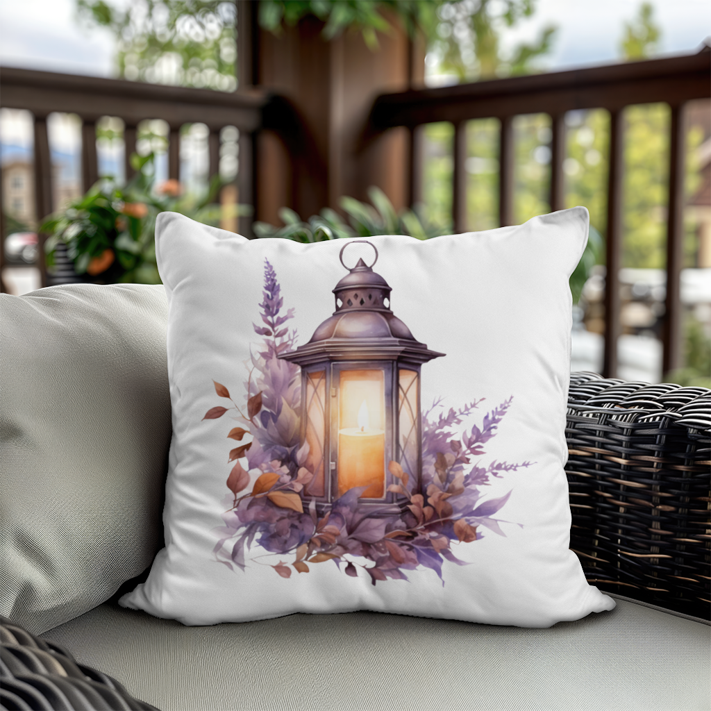 Lavanta ve Güz Yapraklı Antika Fener Dekoratif Kırlent Kılıfı