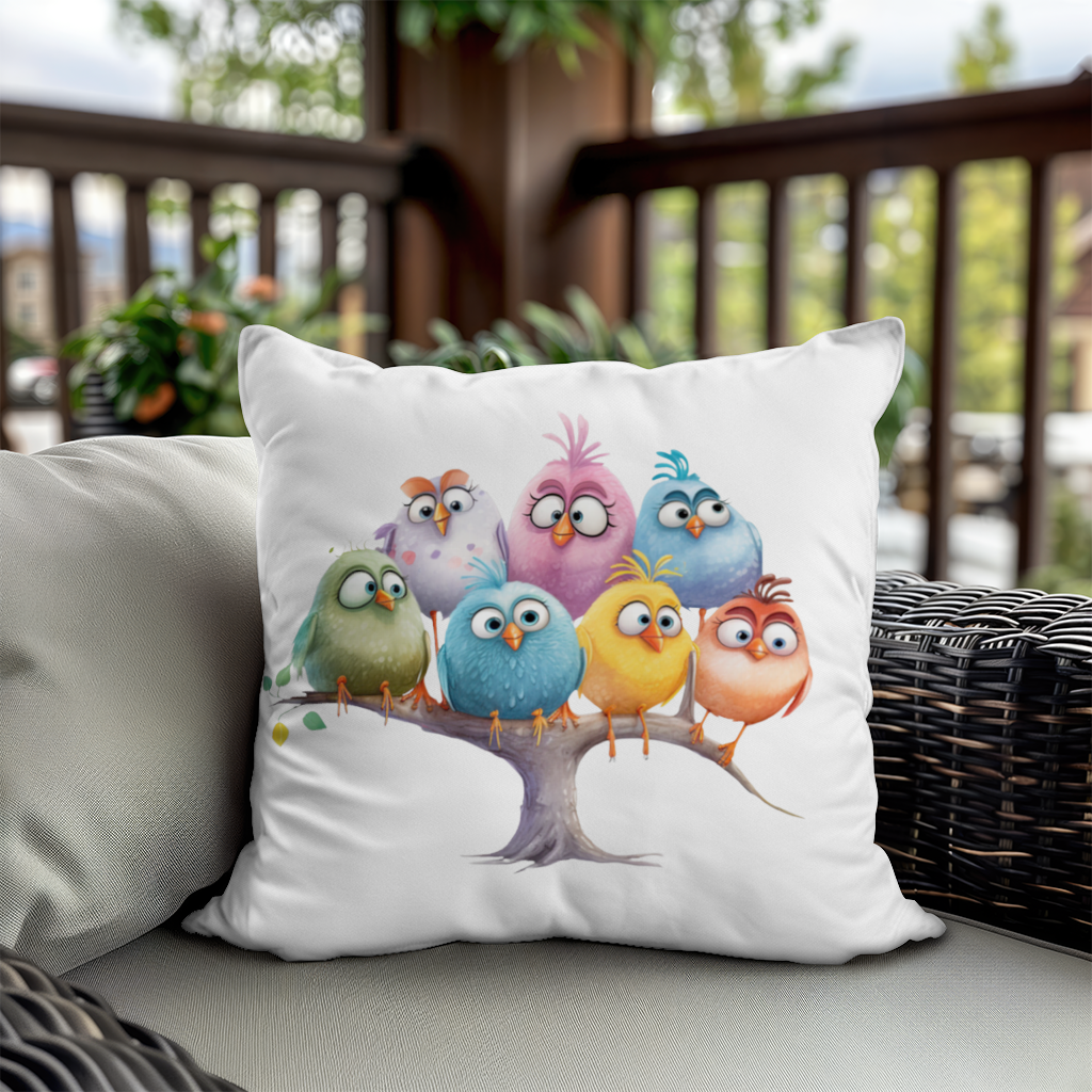 Whimsical Colorful Birds on Branch 