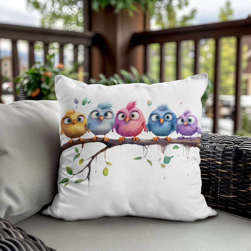 Five Colorful Kawaii Birds on Branch 