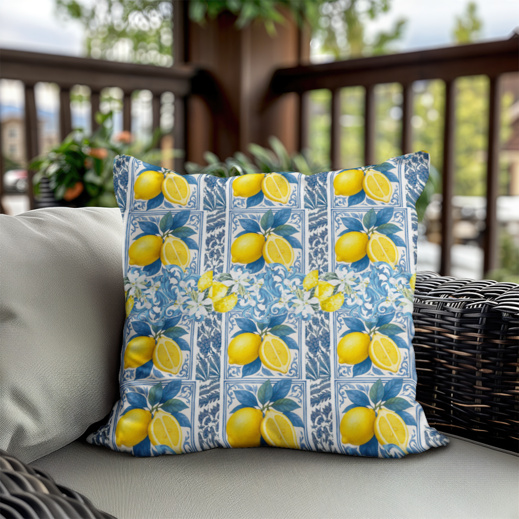 Mediterranean Lemon and Blue Azulejo Tile Pattern 