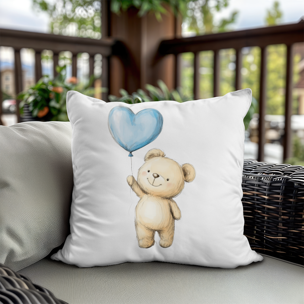 Cute Teddy Bear with Blue Heart Balloon Decorative pillow cover