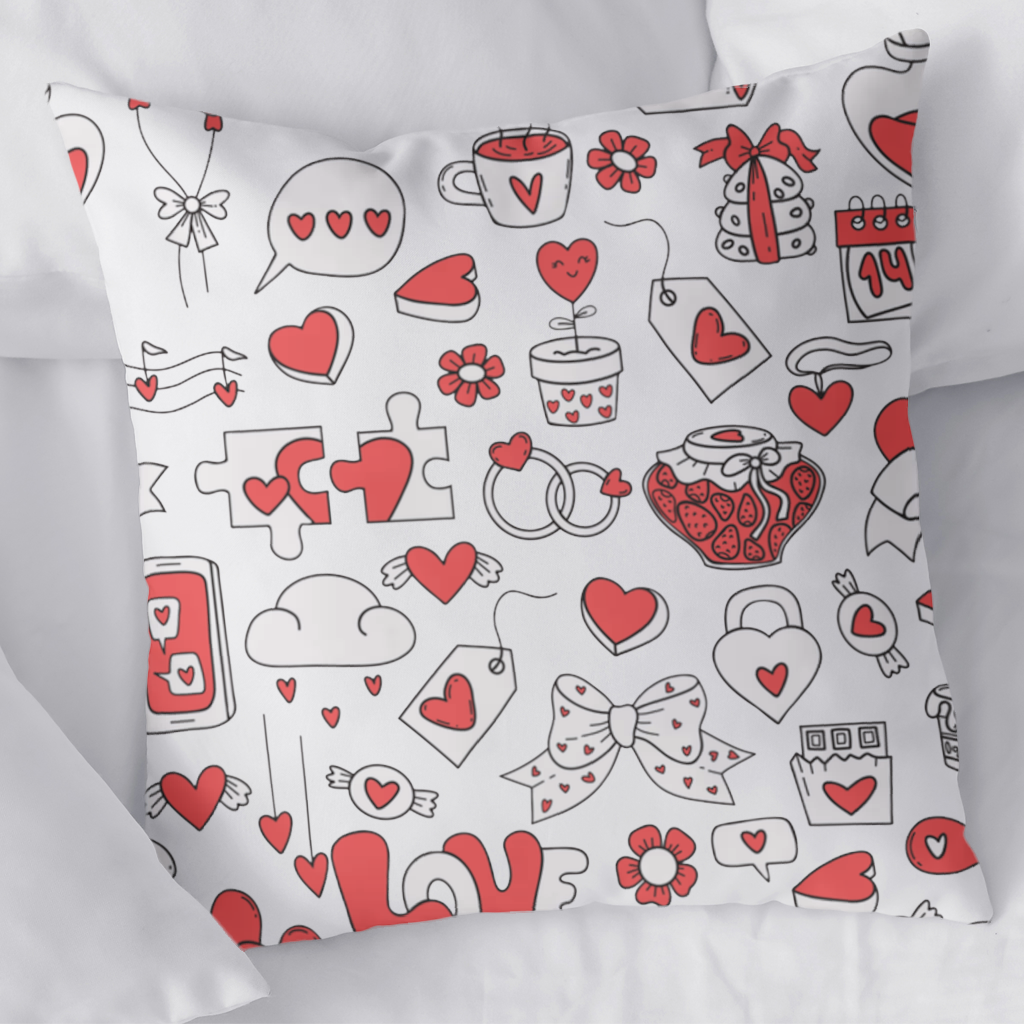 14 Şubat Doodle Aşk Temalı Kalp Desenli Sevgililer Günü Tasarımı Dekoratif Kırlent Kılıfı