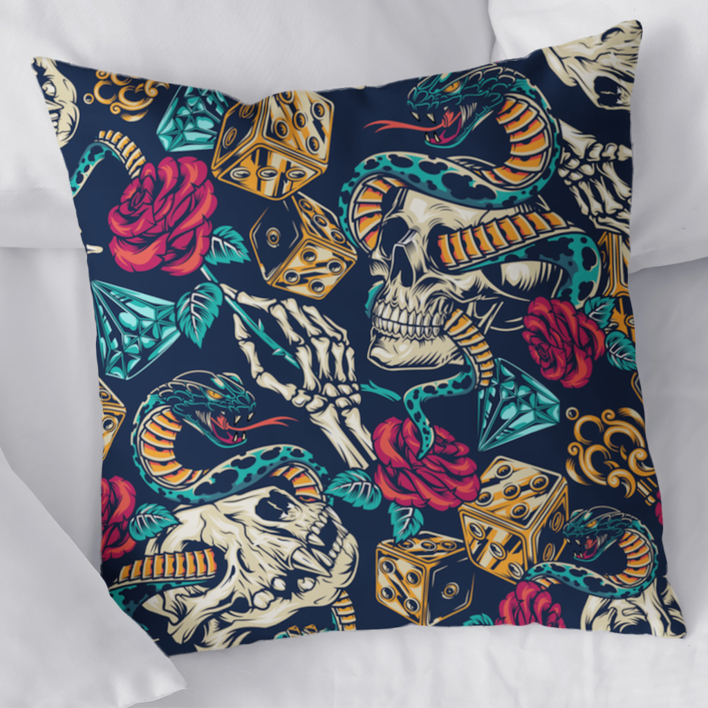 Skull Snake Dice and Roses Pattern Decorative pillow cover