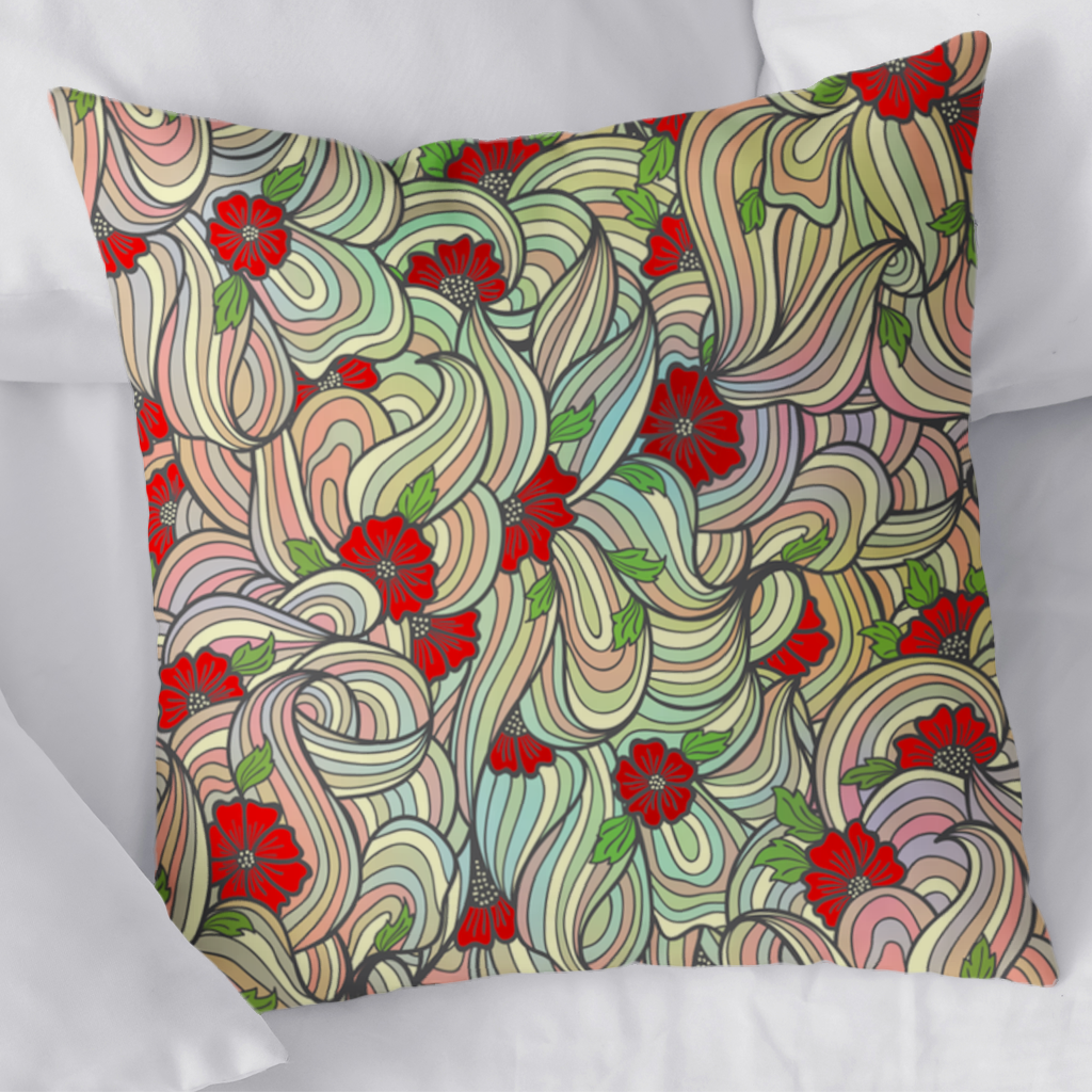 Çiçekli Retro Dalgalı Desen Dekoratif Kırlent Kılıfı