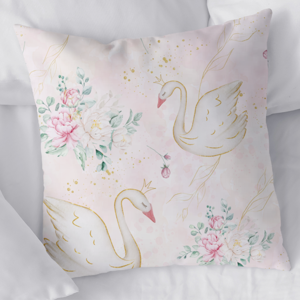 Pastel Kuğu ve Çiçekli Suluboya Desen Dekoratif Kırlent Kılıfı