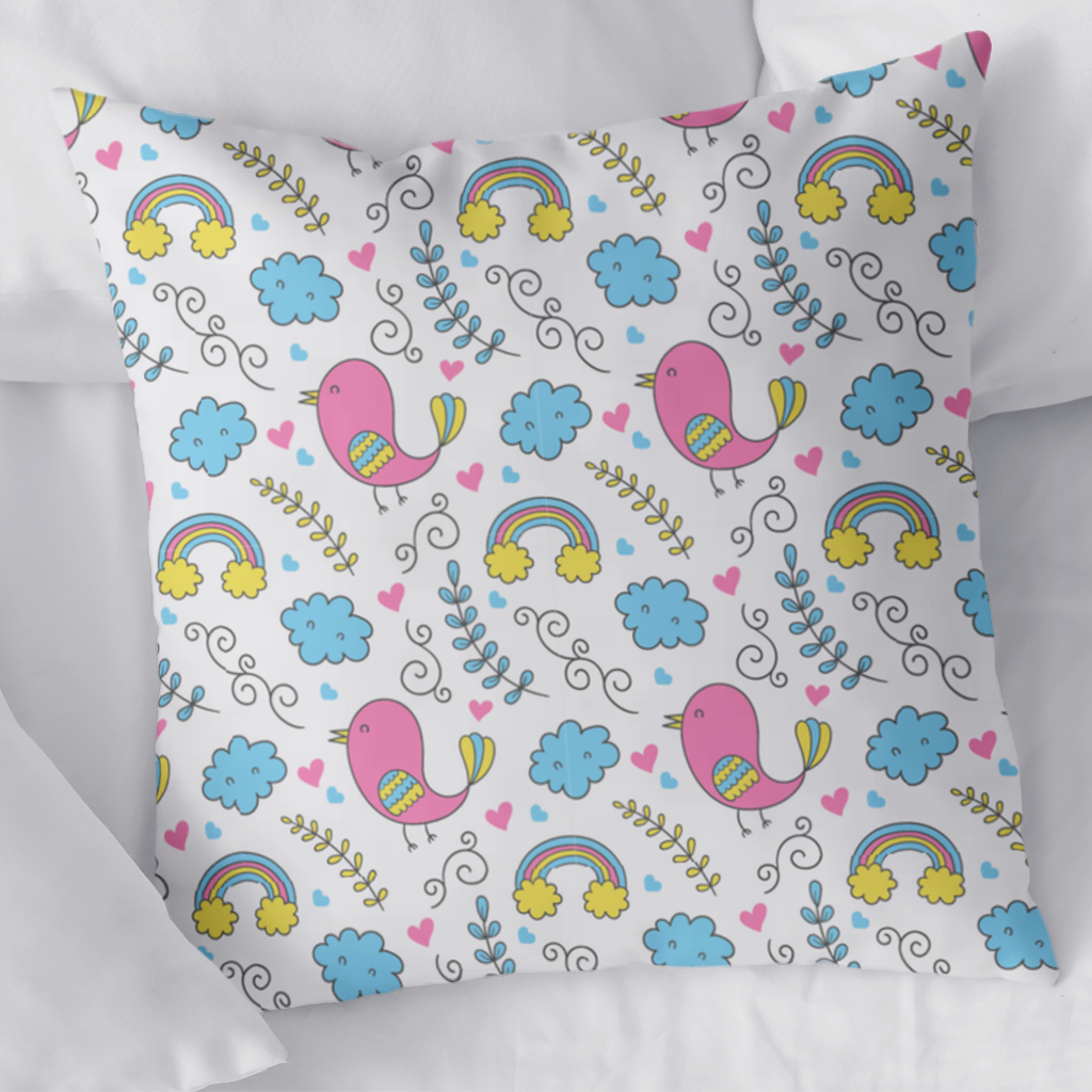 Cute Pink Bird and Rainbow Kids Pattern Decorative pillow cover