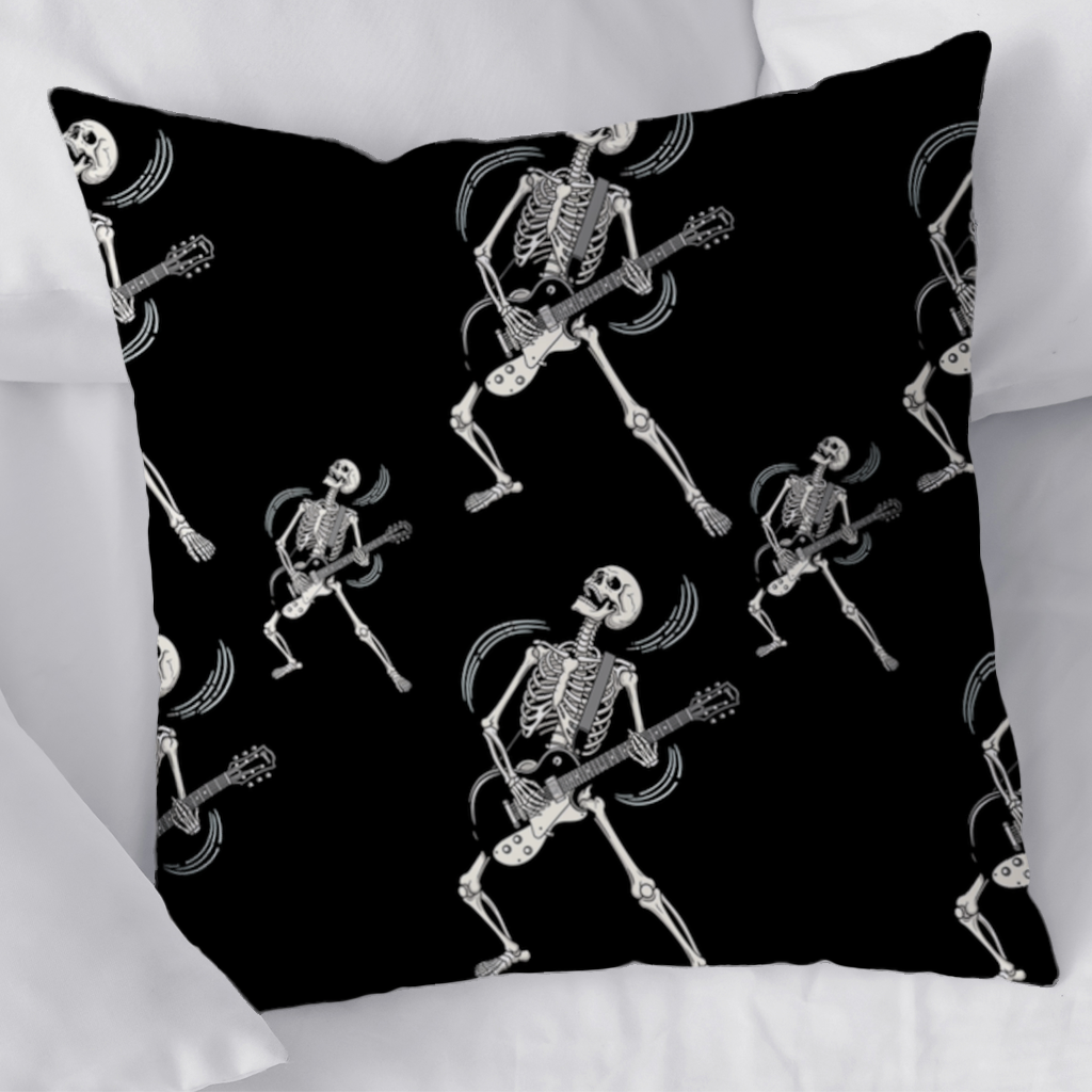 Rock Guitar Playing Skeleton Pattern on Black 