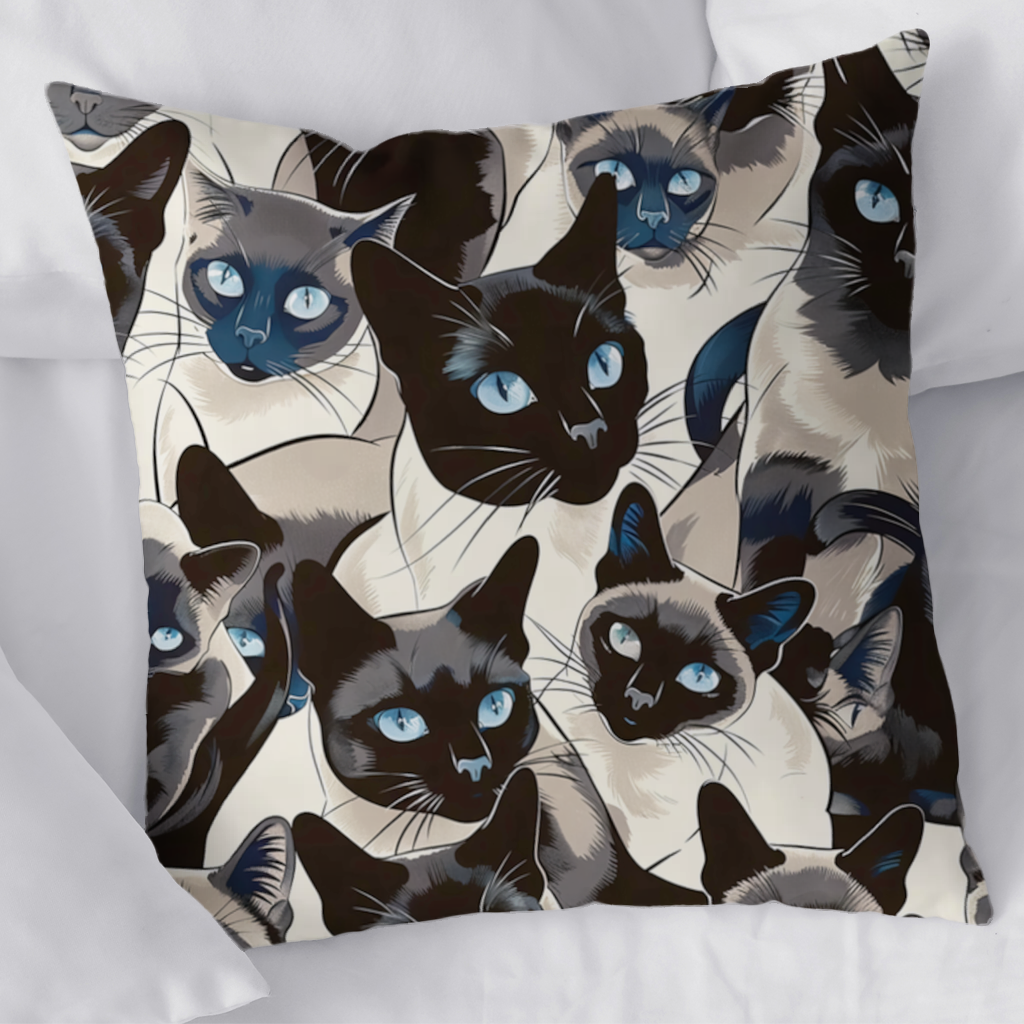 Mavi Gözlü Siyam Kedisi Desenli Şık İllüstrasyon Dekoratif Kırlent Kılıfı