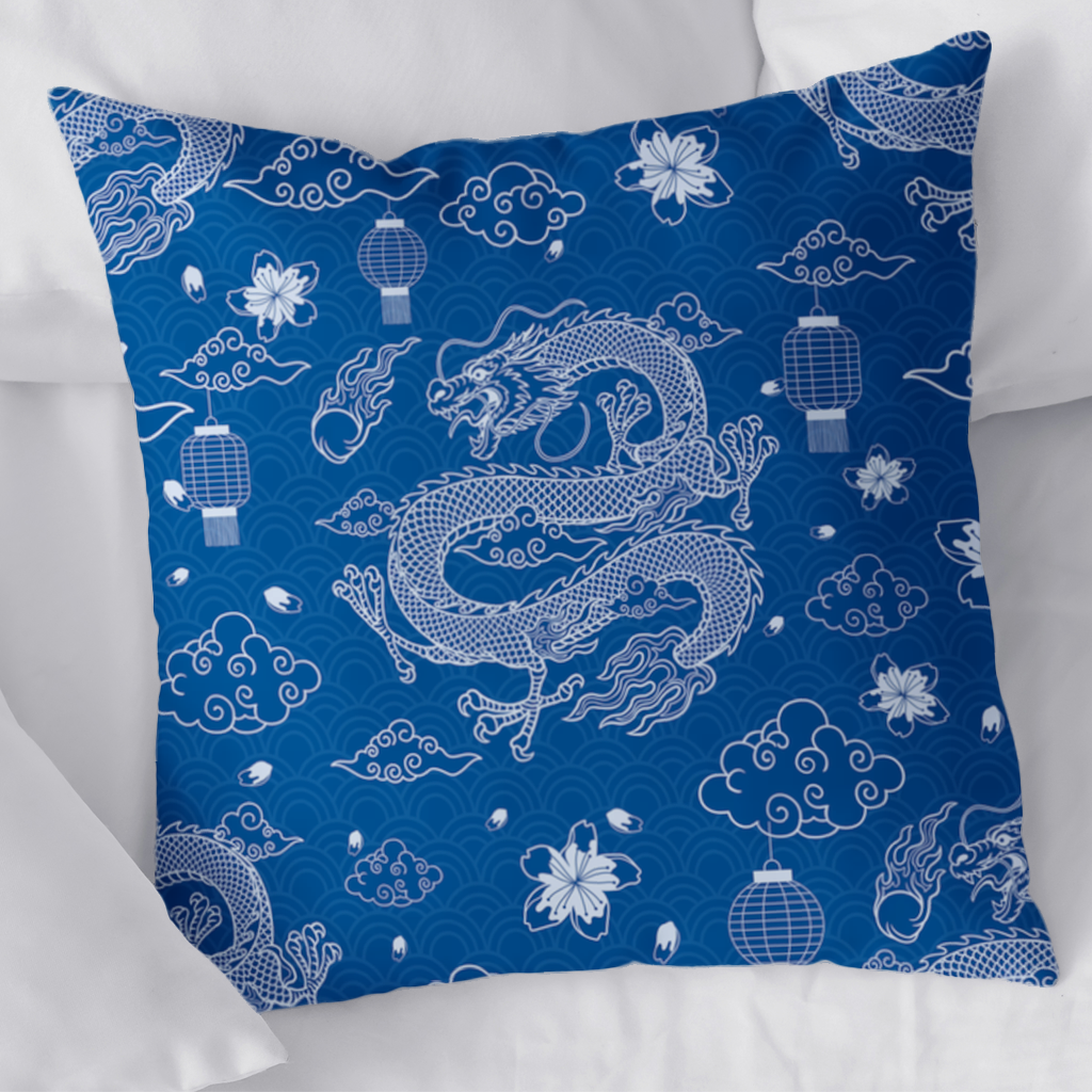 Traditional Dragon Pattern on Blue Background Decorative pillow cover