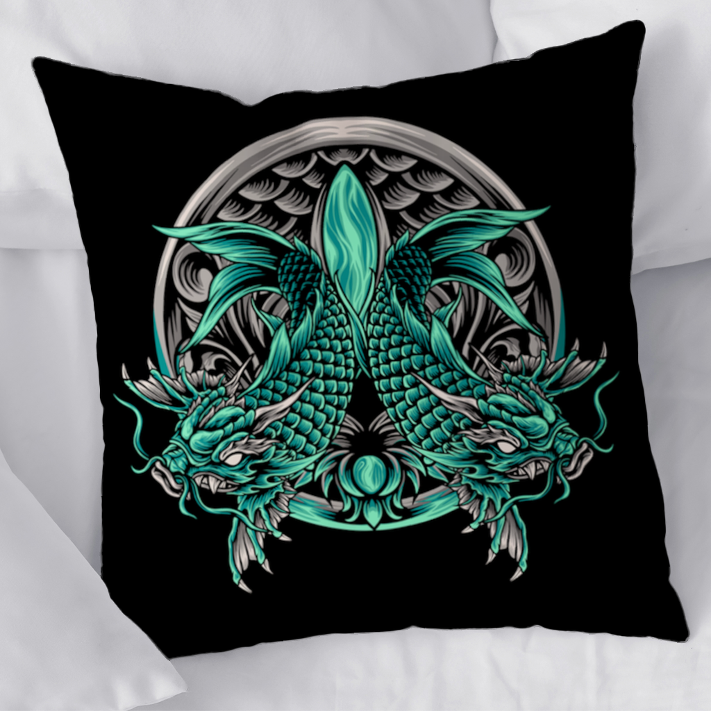 Turquoise Twin Dragon Emblem Design Decorative pillow cover