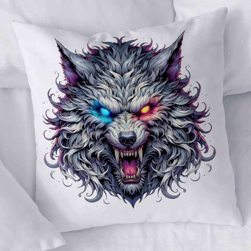 Öfkeli Kurt Başı İllüstrasyonu İki Renkli Gözlü, Vahşi Kurt Dekoratif Kırlent Kılıfı