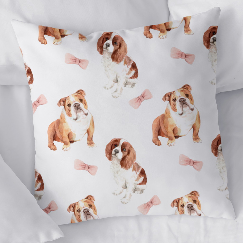 Watercolor English Bulldog and Cavalier Puppy Pattern Decorative pillow cover