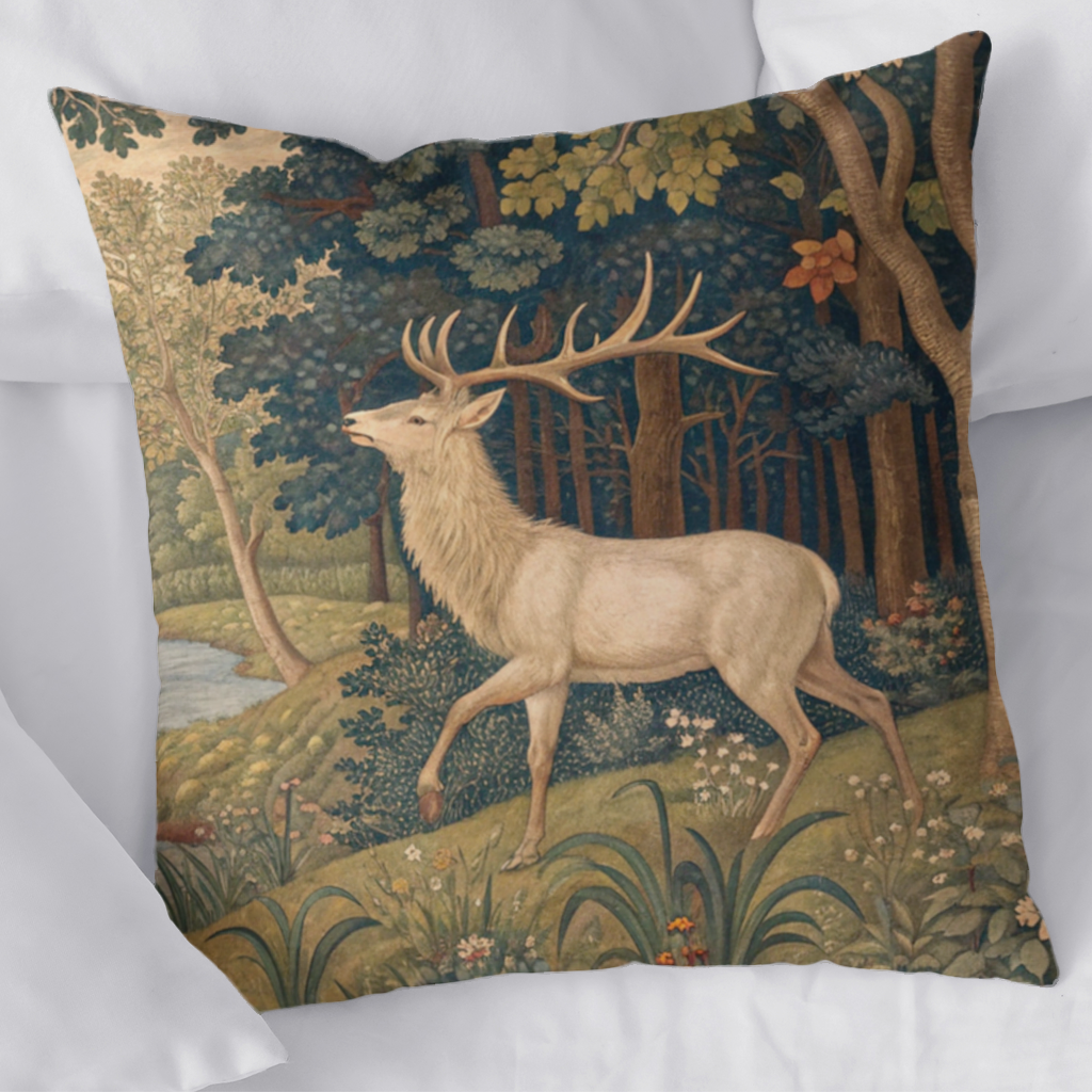 Noble Deer in Forest Landscape Classic Art Illustration Decorative pillow cover