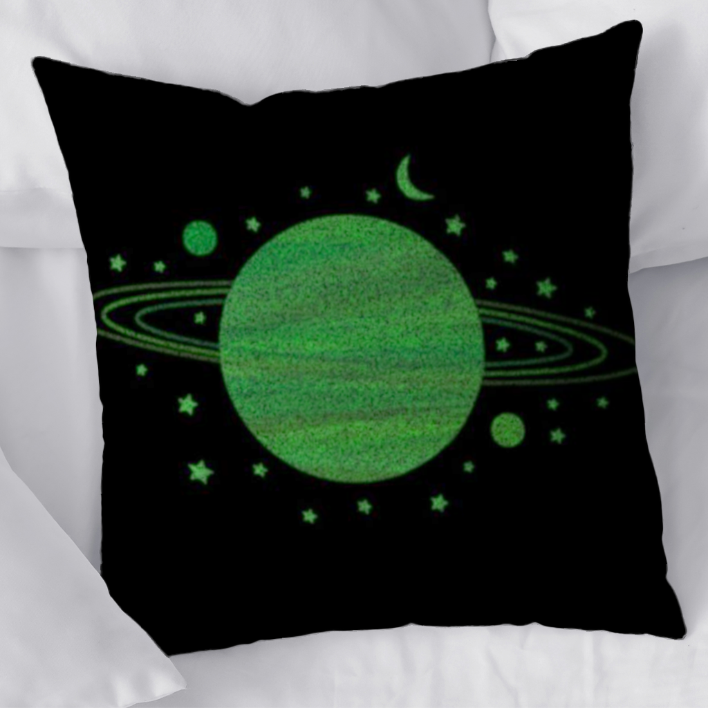 Green planets on a black background. Decorative pillow cover