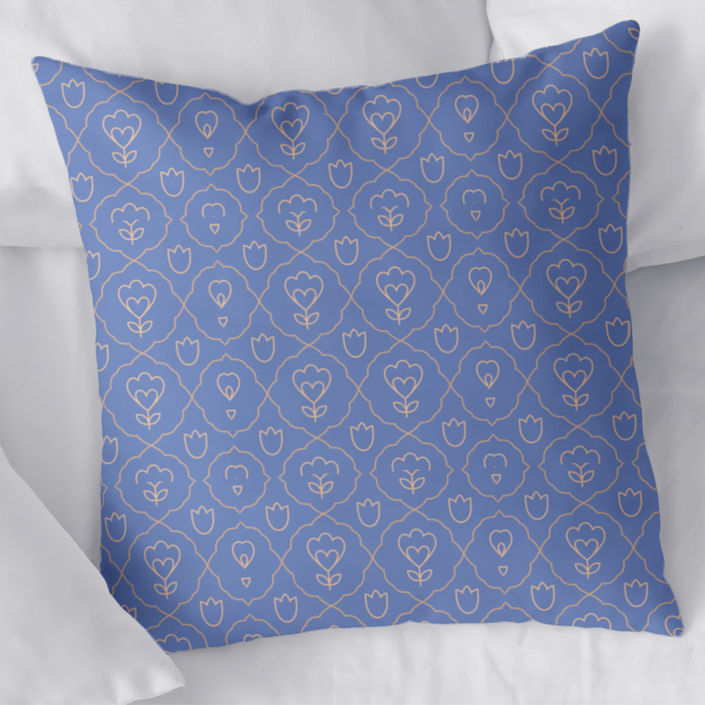 Orange Linear Floral Pattern on Blue Decorative pillow cover