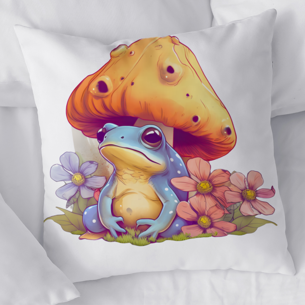 Blue Frog Resting Under Orange Mushroom Decorative pillow cover