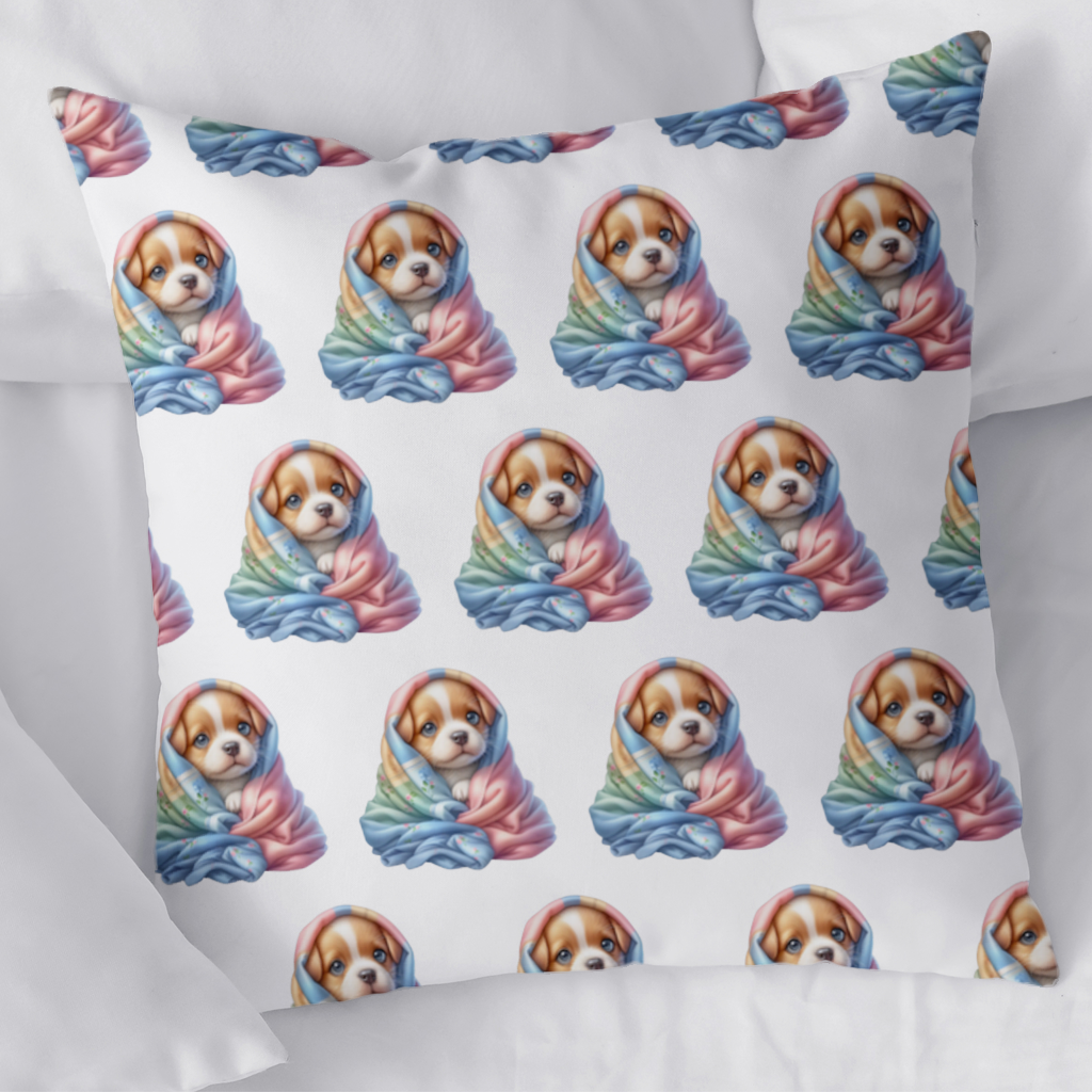 Cute Puppy Wrapped in Colorful Blanket Decorative pillow cover