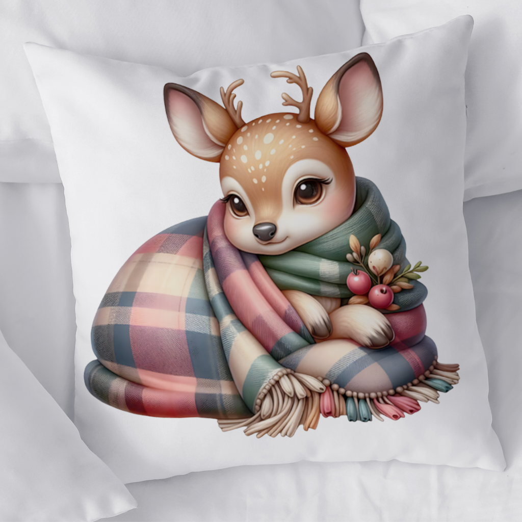 Kawaii Baby Deer with Plaid Scarf Decorative pillow cover