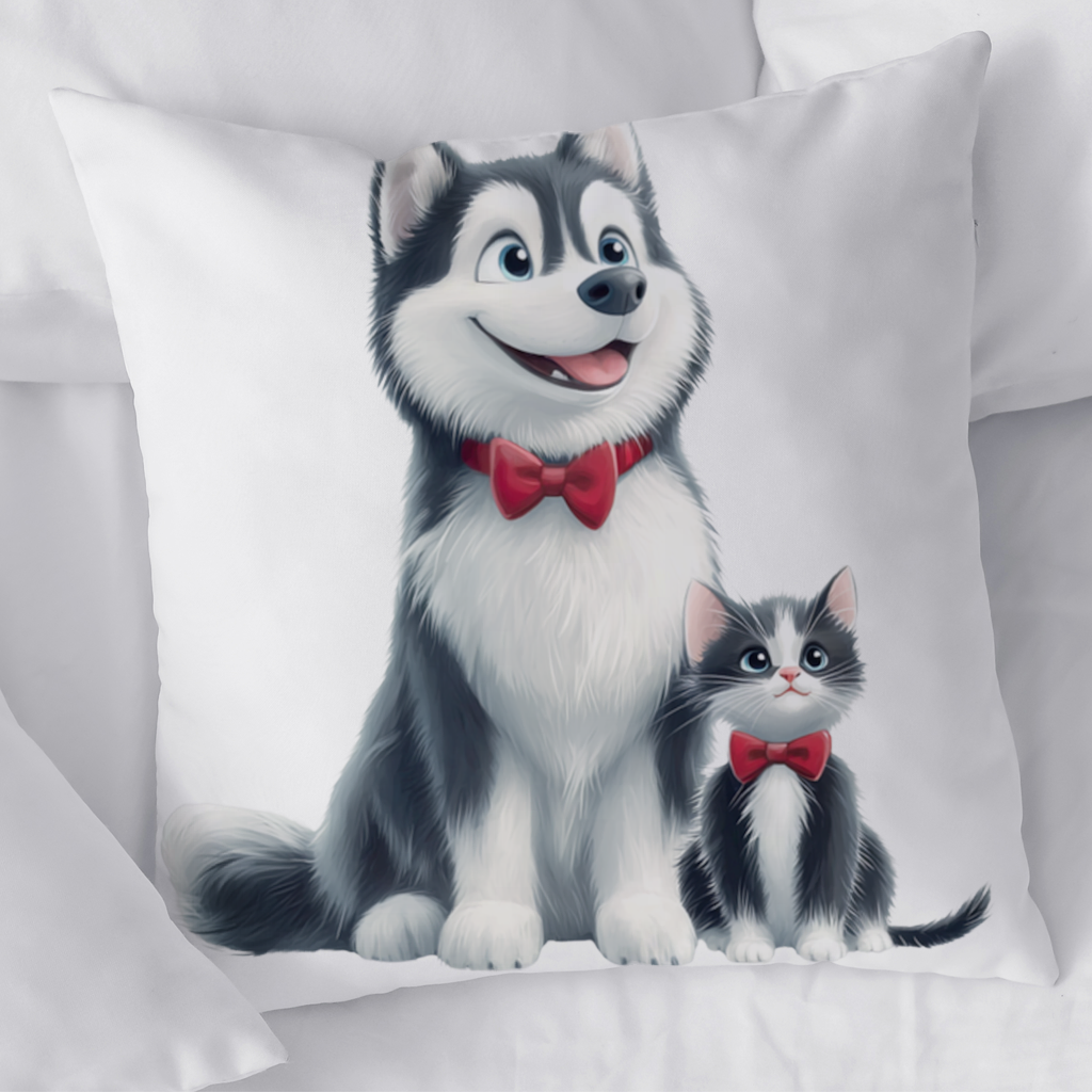 Cute Husky and Kitten with Red Bowties Decorative pillow cover