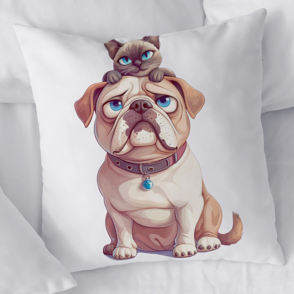 Sad Pug with Siamese Cat on Head Decorative pillow cover