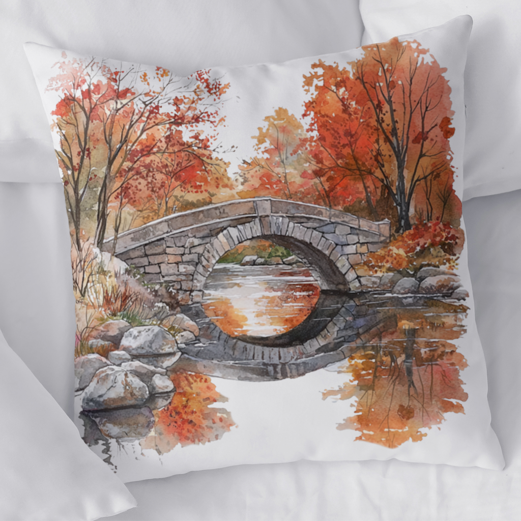 Autumn Stone Arch Bridge Over River Decorative pillow cover