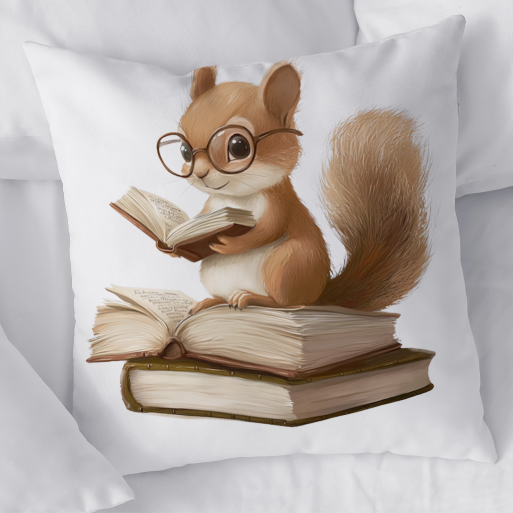 Scholarly Squirrel Reading on Book Stack Decorative pillow cover