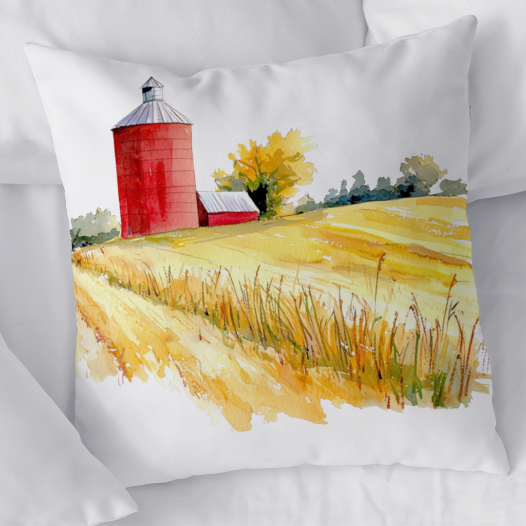 Red Farm Silo and Golden Wheat Field Decorative pillow cover