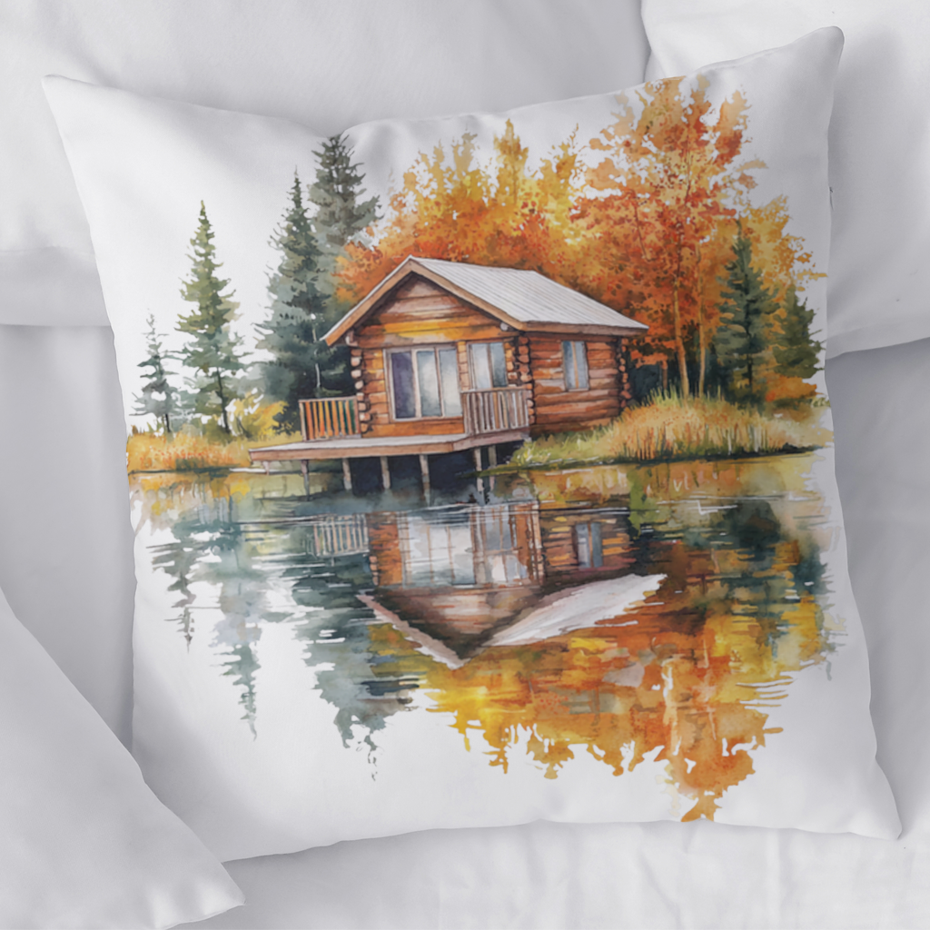 Lakeside Log Cabin Autumn Landscape Decorative pillow cover
