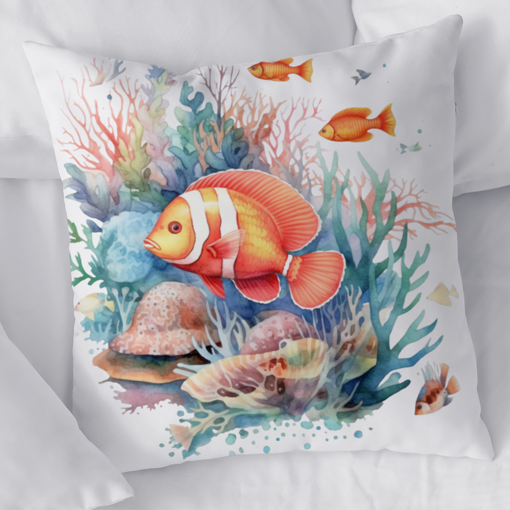 Watercolor Clownfish and Tropical Coral Reef Decorative pillow cover