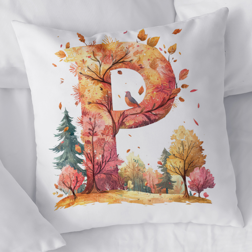 Autumn Forest Letter P with Bird Decorative pillow cover
