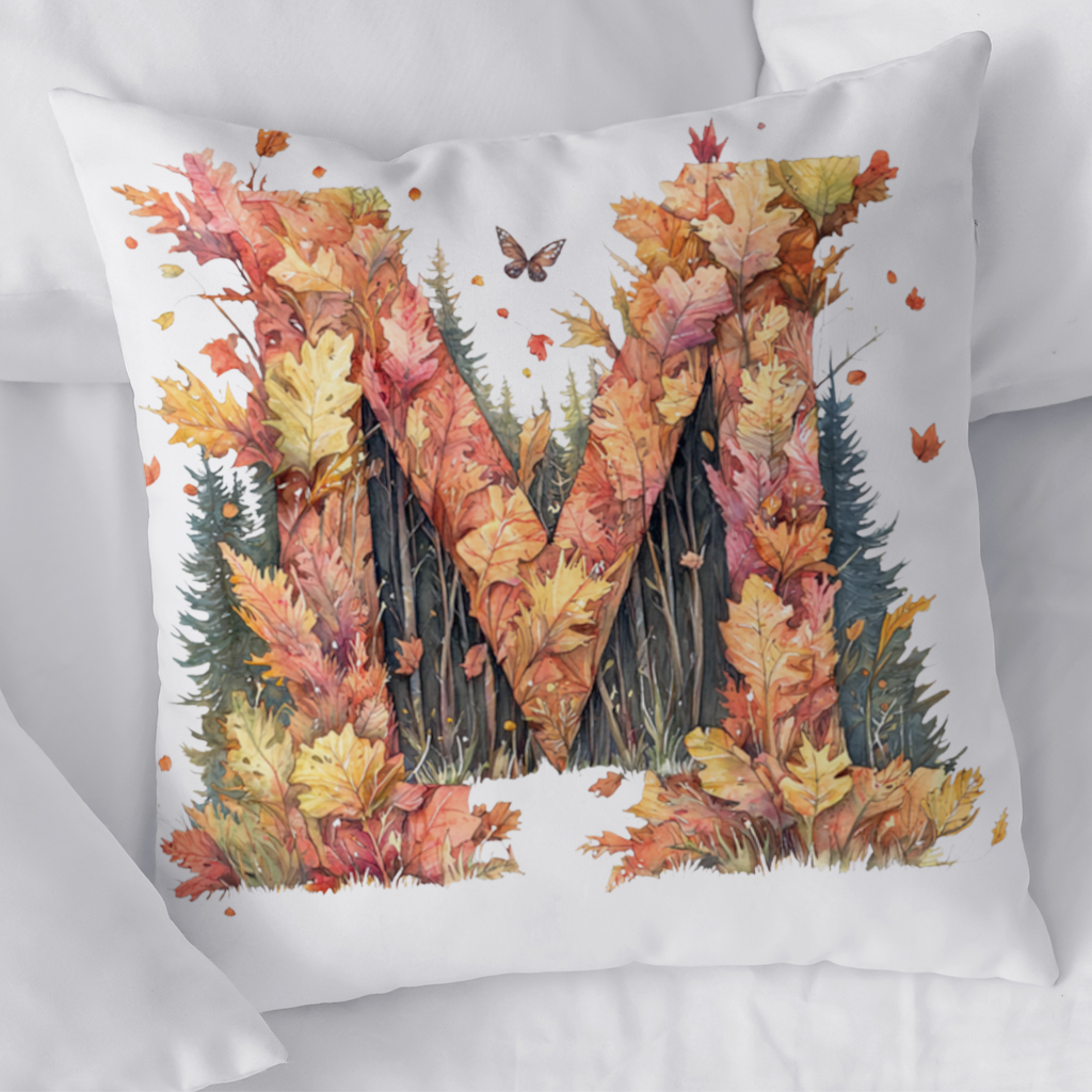 Autumn Letter M With Fall Leaves Decorative pillow cover