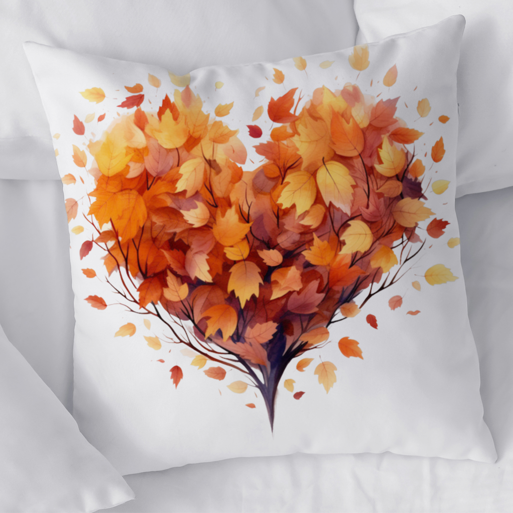 Sonbahar Yapraklı Kalp Dekoratif Kırlent Kılıfı