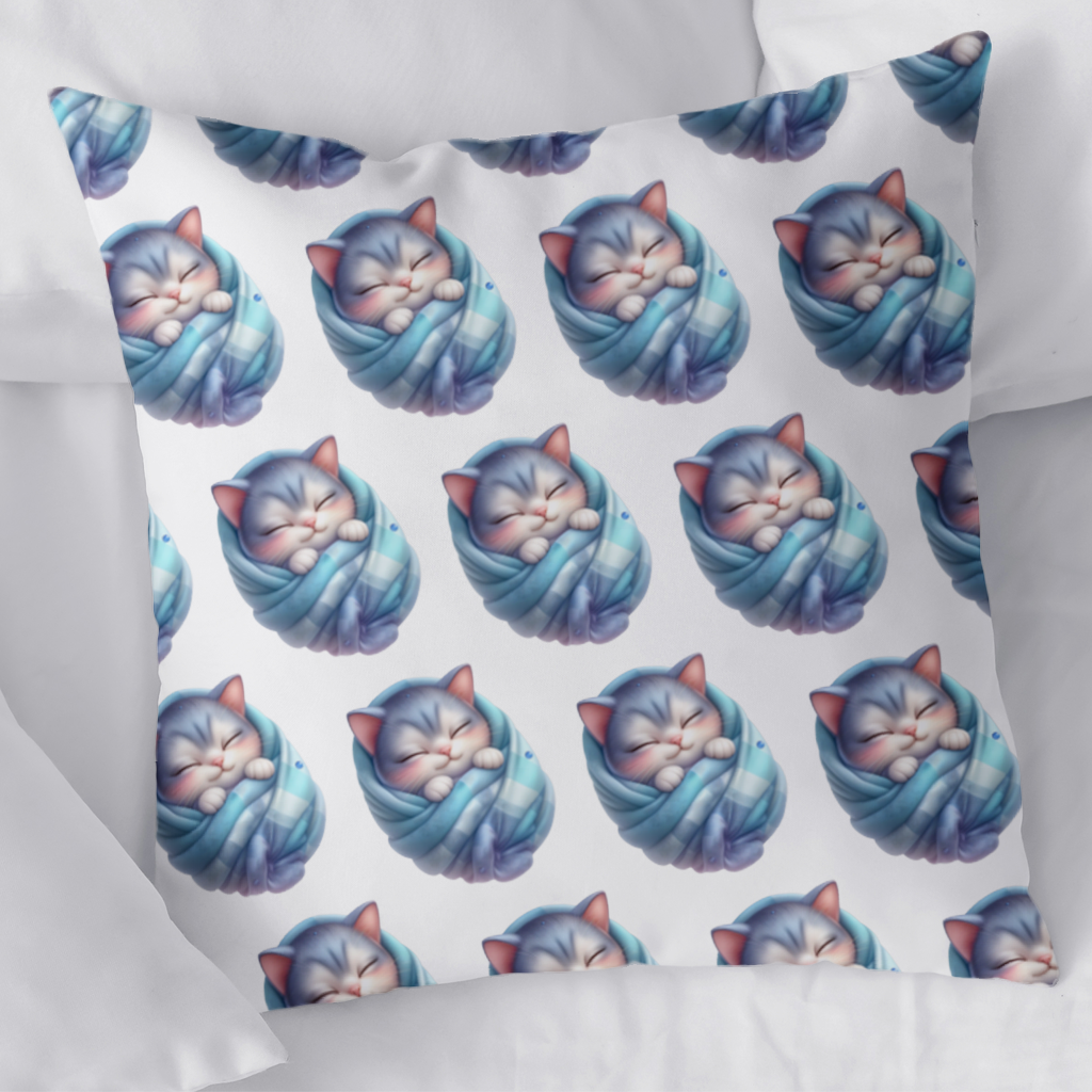 Kawaii Sleeping Kitten in Blue Swaddle Decorative pillow cover