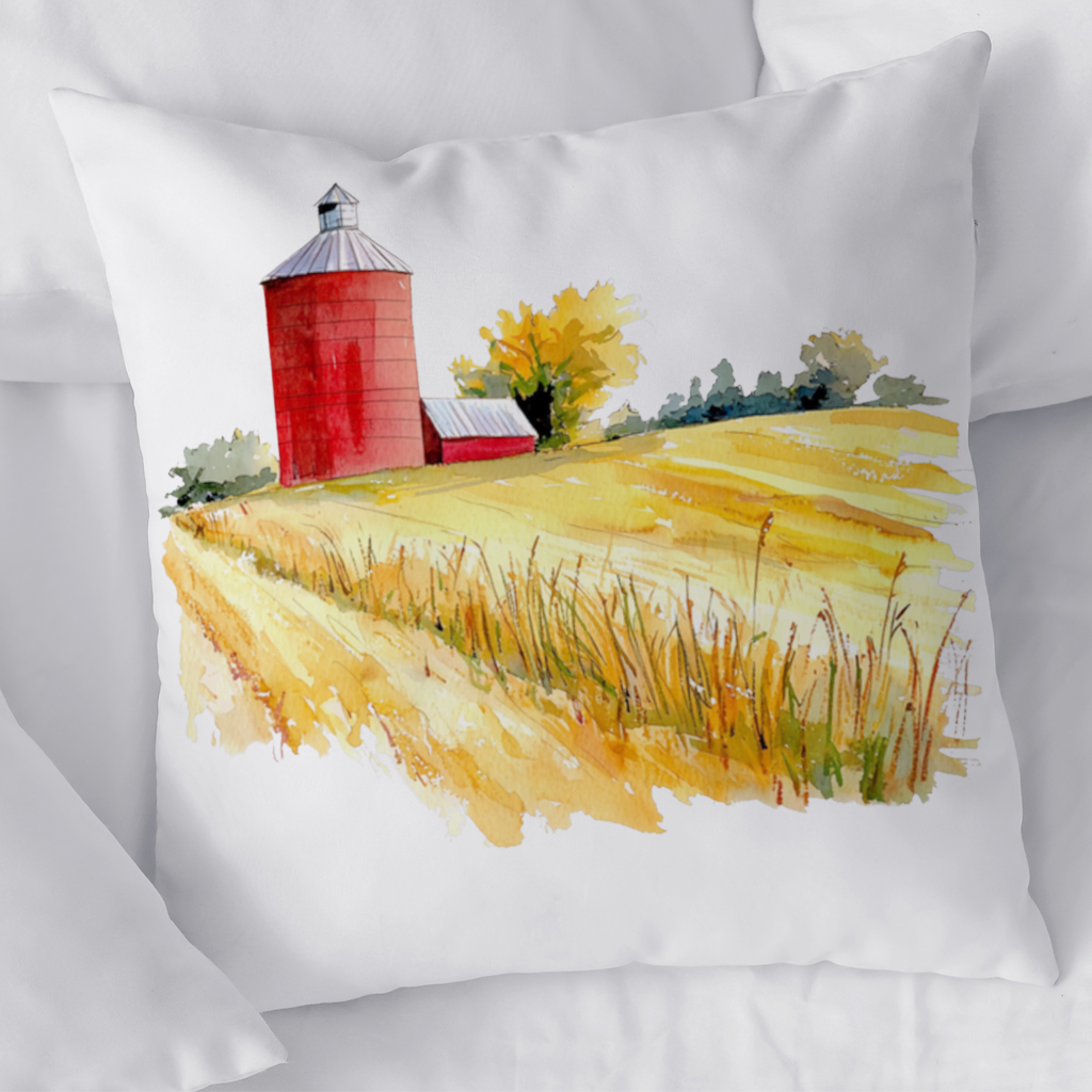 Kırmızı Silo ve Altın Buğday Tarlası Dekoratif Kırlent Kılıfı