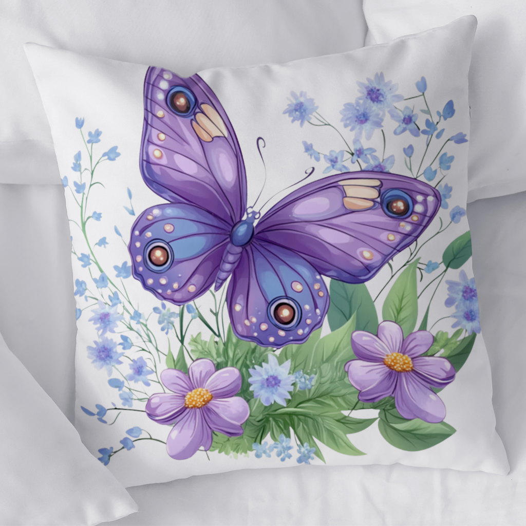 Mor Kelebek ve Mavi Kır Çiçekleri Dekoratif Kırlent Kılıfı