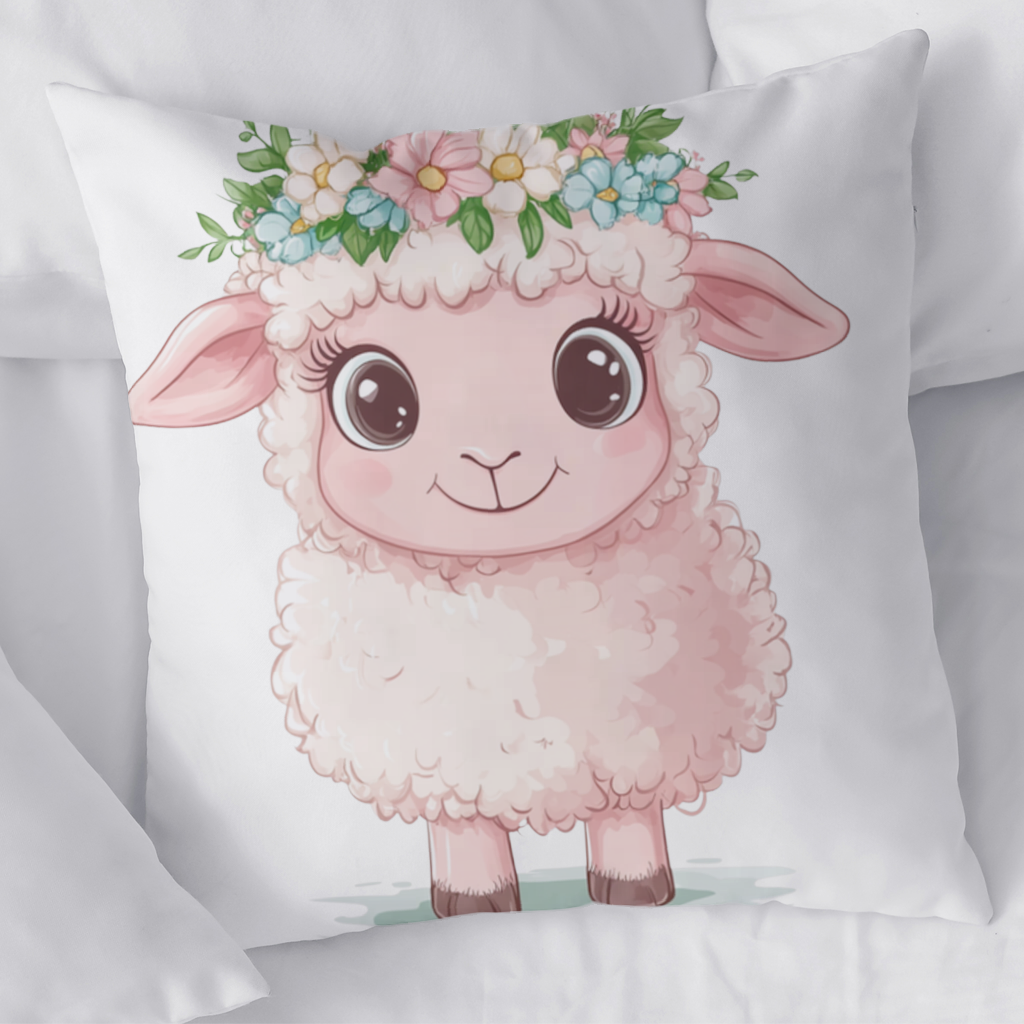 Kawaii Çiçek Taçlı Pembe Kuzu Dekoratif Kırlent Kılıfı