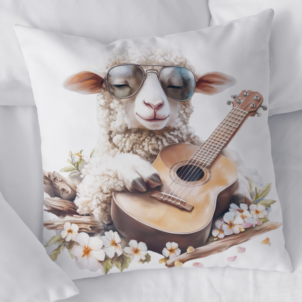 Ukulele Çalan Havalı Gözlüklü Koyun Dekoratif Kırlent Kılıfı