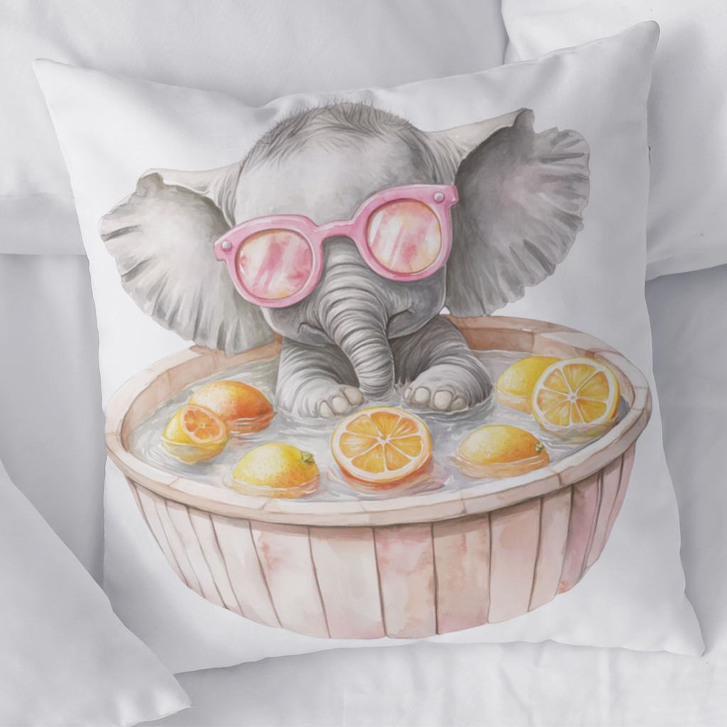 Pembe Gözlüklü Bebek Fil ve Narenciye Banyosu Dekoratif Kırlent Kılıfı