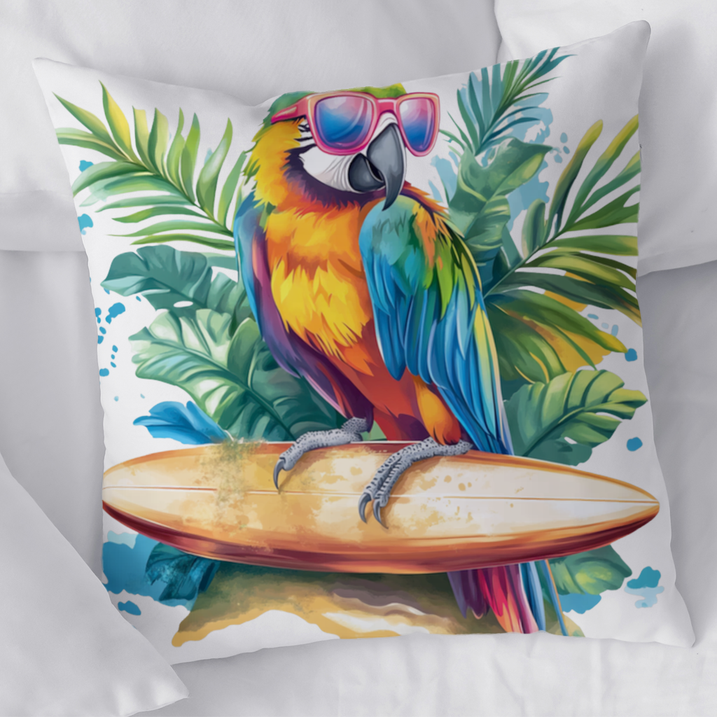 Sörf Yapan Güneş Gözlüklü Papağan Dekoratif Kırlent Kılıfı