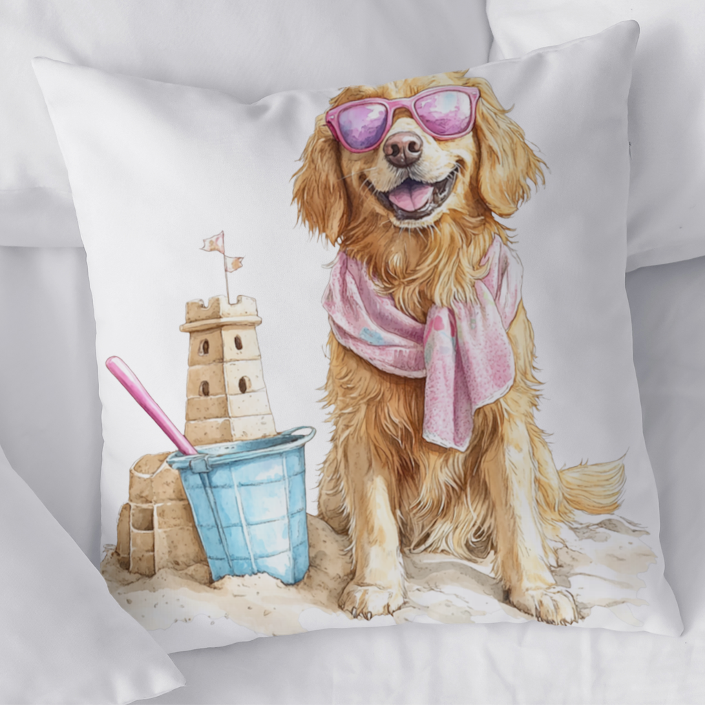 Plajda Pembe Gözlüklü Golden Retriever Dekoratif Kırlent Kılıfı