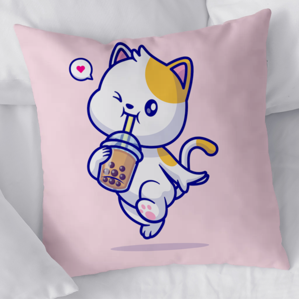 Boba Çayı İçen Kawaii Kedi Dekoratif Kırlent Kılıfı