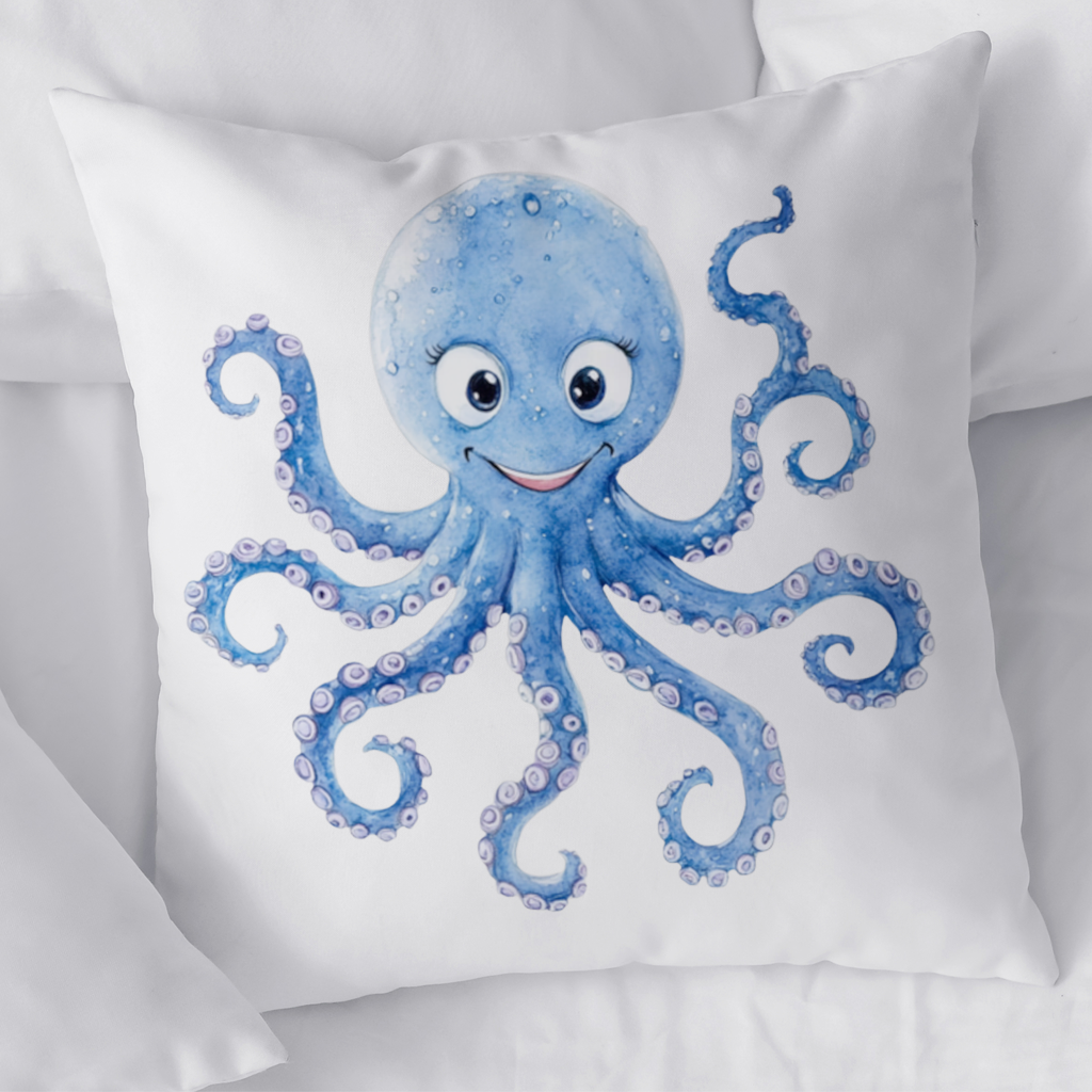 Sevimli Mavi Suluboya Ahtapot Dekoratif Kırlent Kılıfı