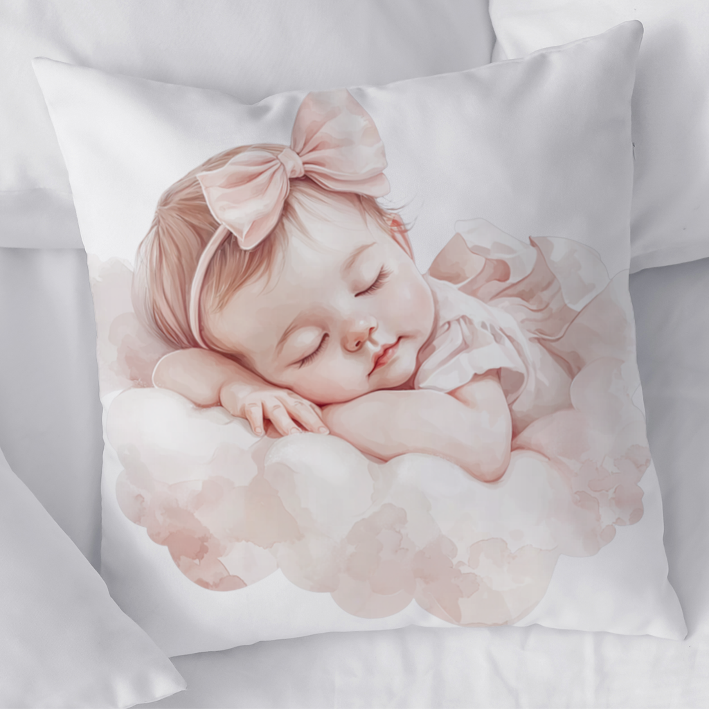 Pembe Kurdeleli Uyuyan Kız Bebek Dekoratif Kırlent Kılıfı