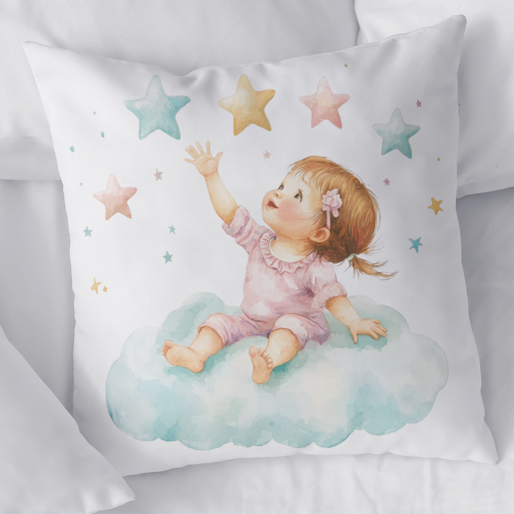 Bulut Üzerinde Yıldızlara Ulaşan Bebek Dekoratif Kırlent Kılıfı